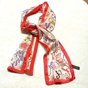 Coach Cream Silk Scarf with Red Border and Multicolor Script